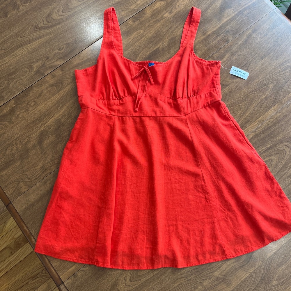 Old Navy Women Red Linen Blend Smocked Back Tie Front Mini Dress XL NWT